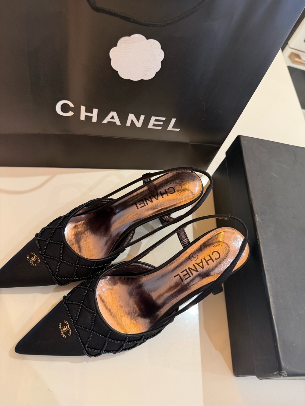 Gently Worn CHANEL Black Beaded Slingback Pointed-Toe Pumps. Vintage! - Picture 4 of 16